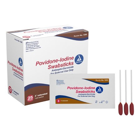 Swabsticks PVP 3's Impregnated Swabstick 10% Strength Povidone-Iodine Individual Packet NonSterile (25/BX 10BX/CS) by Dynarex Corporation  ID 1202